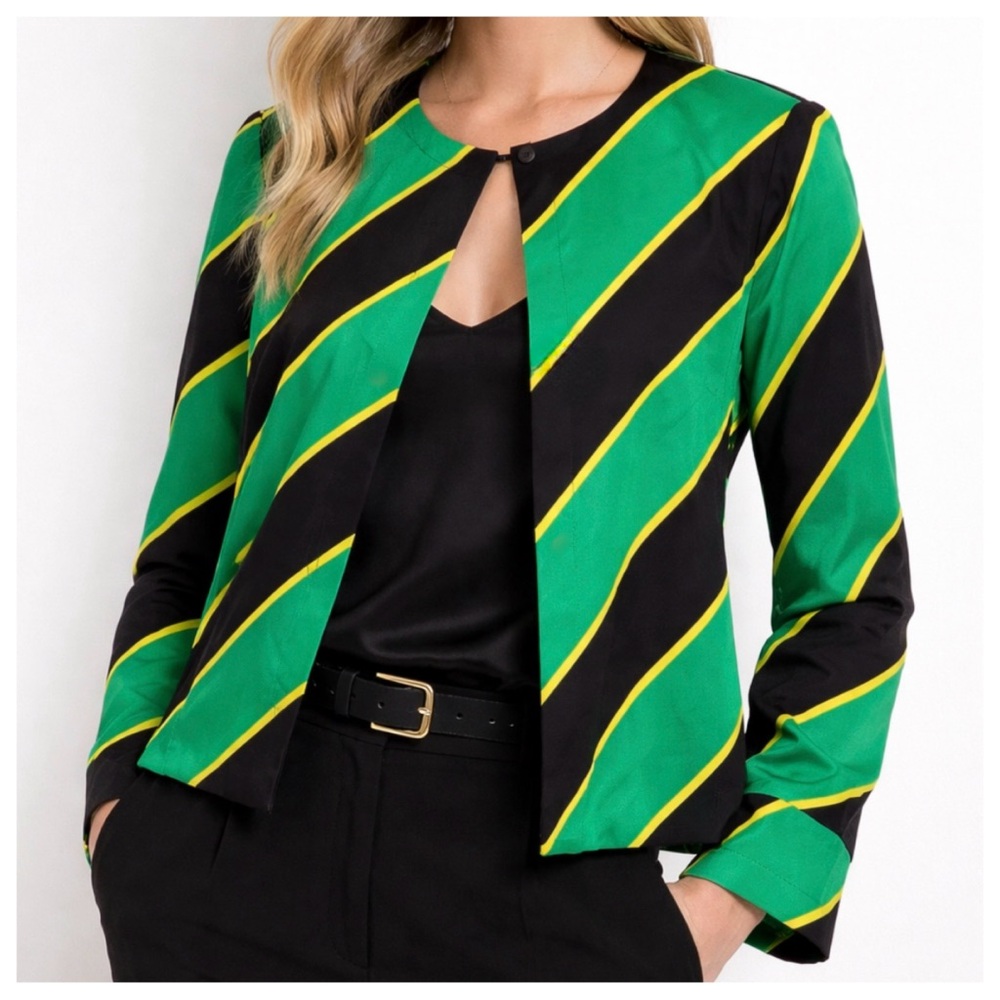Two Twenty Five Vintage Silk Jacket Blazer Green Black Striped Lined Chic Sze 14
